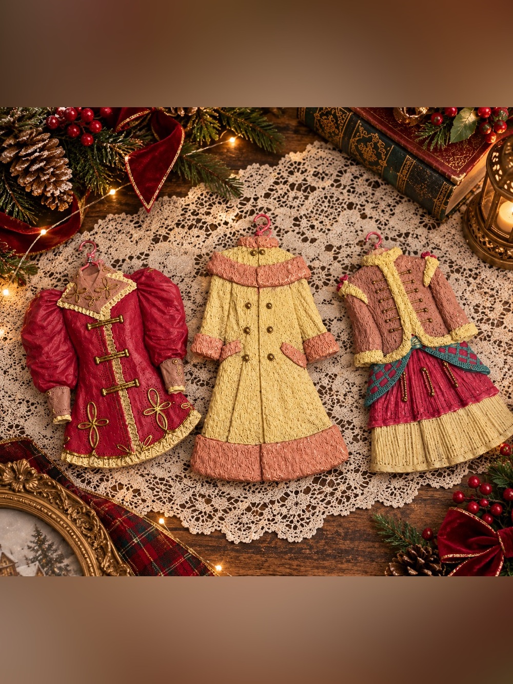 Rare Vintage 1980s Victorian-Style Miniature Dress Ornaments • Set of 3 • 5”